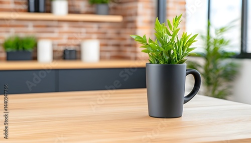 Small green plant in a black mug sits on a light wood table against a blurred background of a modern kitchen with exposed brick