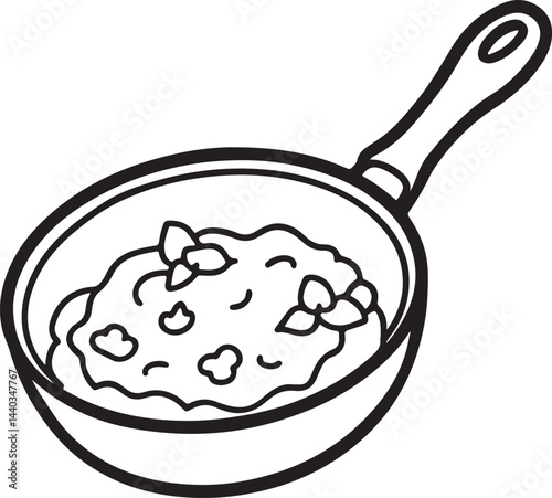 frying pan with scrambled egg line art, black outline, vector and illustration, coloring book page line art drawing