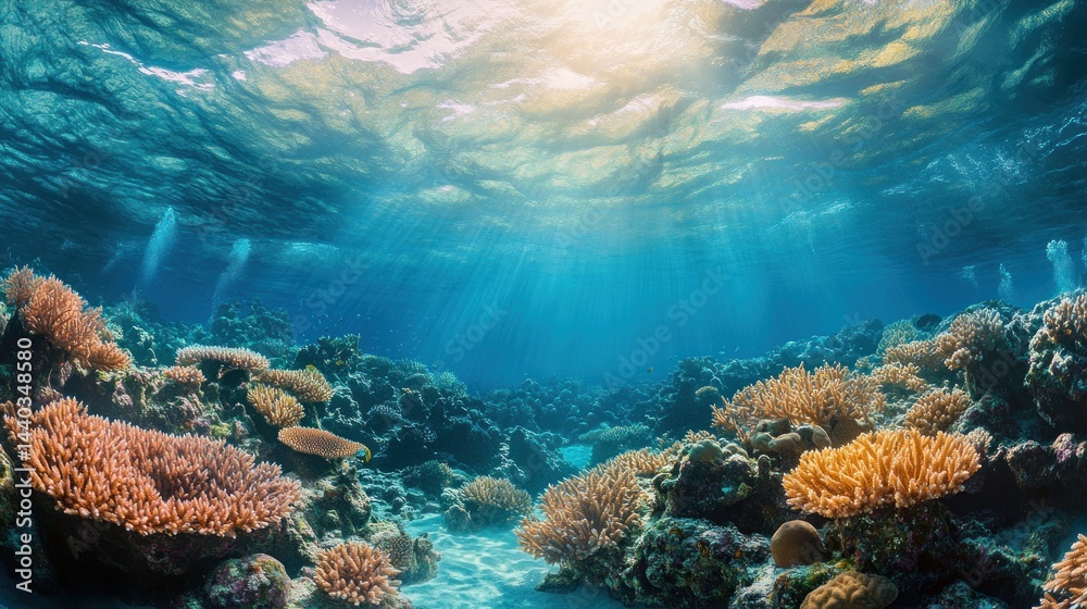 Fototapeta premium Sunlit Coral Reef Underwater Paradise: Vibrant Marine Ecosystem