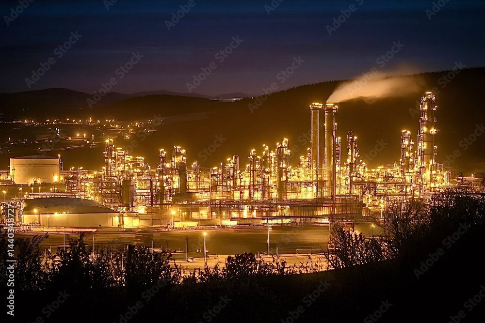 Fototapeta premium Illuminated petrochemical plant operating at night with smoke billowing from chimneys