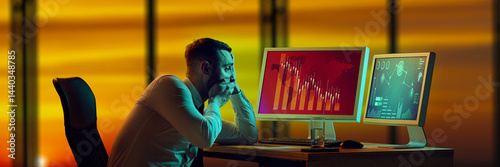 Shocked businessman staring at desk, looking at monitors showing collapsing financial charts, total economic collapse. Concept of business, crisis, failure, leadership, downturn