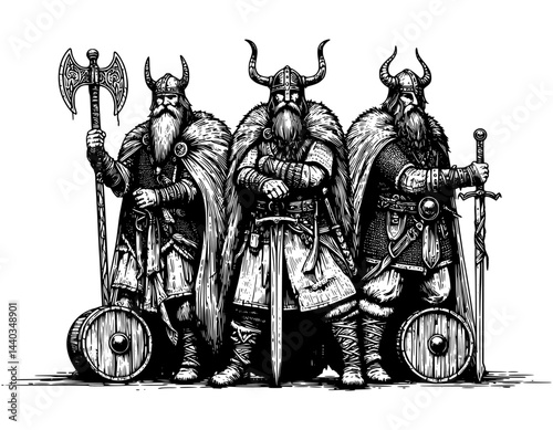 vikings, lineart, isolated on white, medieval knight with sword.