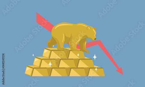Gold prices fall, The Bearish Market of Gold Investment, Continued investment losses, Global economic volatility, Bear market symbol, Flat vector design illustration.