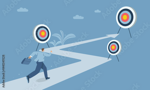 Short-term, medium-term and long-term business goals concept, Businessman running towards goal step by step, Corporate success target creation, Flat vector design illustration.
