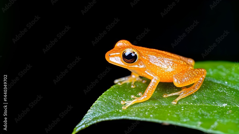 Obraz premium Vibrant orange frog perched on a lush green leaf against a stark black background
