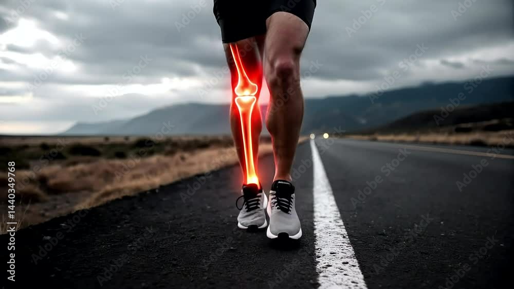 Injured athlete knee in pain during outdoor run on asphalt road with highlighted joint inflammation, symbolizing muscle strain