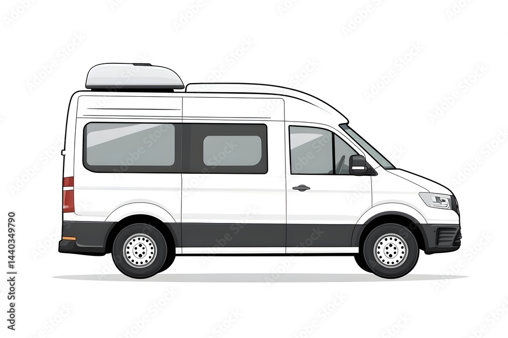 White high-top conversion van with roof cargo box, side profile view White high-top conversion van with roof cargo box, side profile view