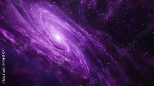 Vibrant purple galaxy with swirling nebulae and starlight. Deep space cosmos.