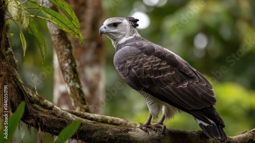Harpy Eagle Juvenile Perched on Mossy Branch, Rainforest Canopy