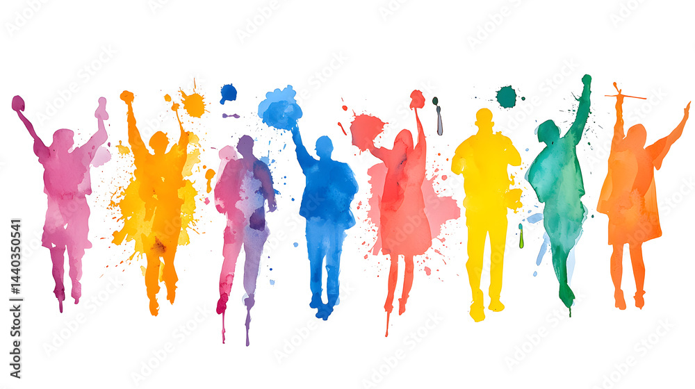 Obraz premium Group of people dynamic silhouettes standing together, rainbow colors watercolor isolated on white background