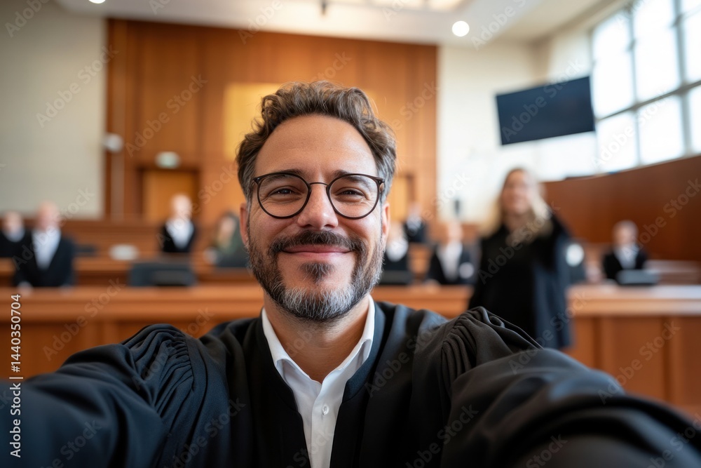 Caucasian male lawyer in courtroom taking selfie during trial.