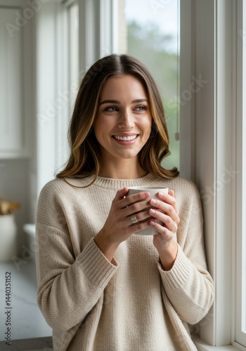 Obraz na płótnie Smiling young caucasian female enjoying coffee by the window in cozy sweater. w salonie