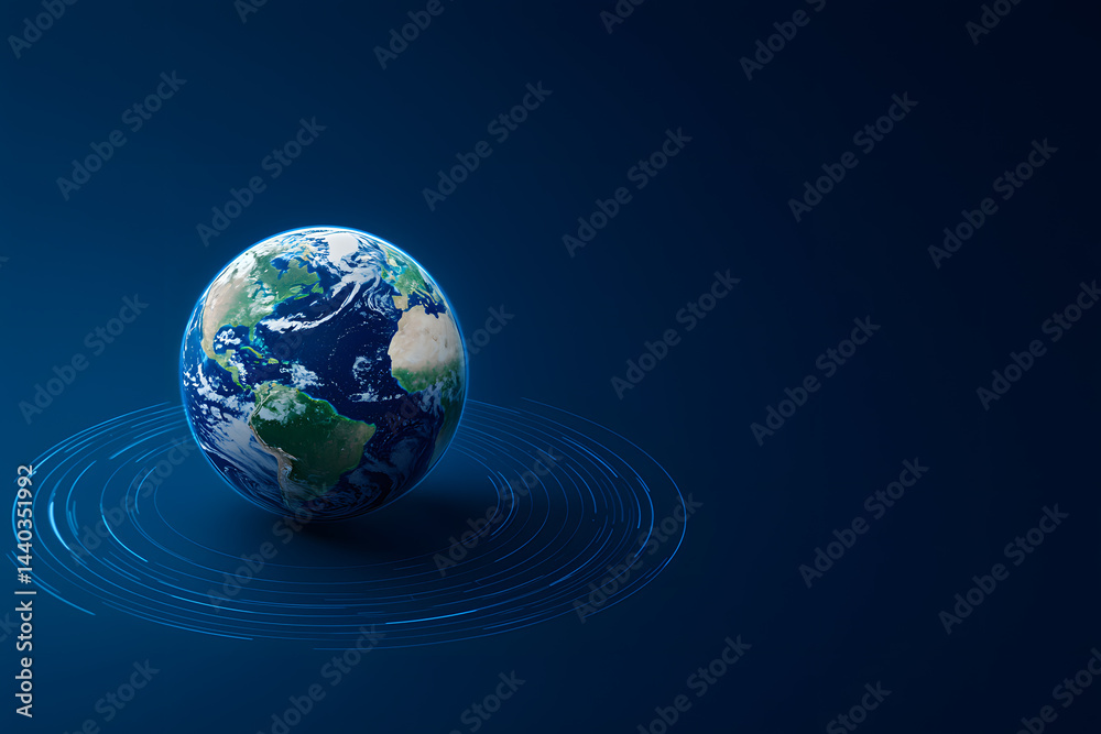Fototapeta premium Globe, surrounded by blue concentric circles on dark background