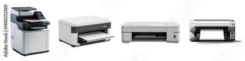 Set of four different office printers isolated on a transparent background.