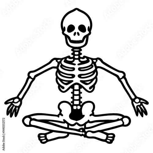 Meditating skeleton illustration in vector line art style