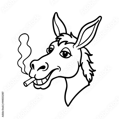 Smoking donkey cartoon head drawing in vector line art style