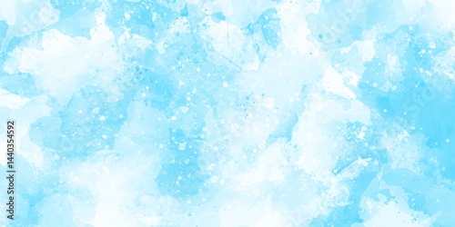 Beautiful watercolor background of snow floating into air randomly, light blue bokeh background for wallpaper, invitation, cover and design, Abstract light blur defocused blue background with bokeh.