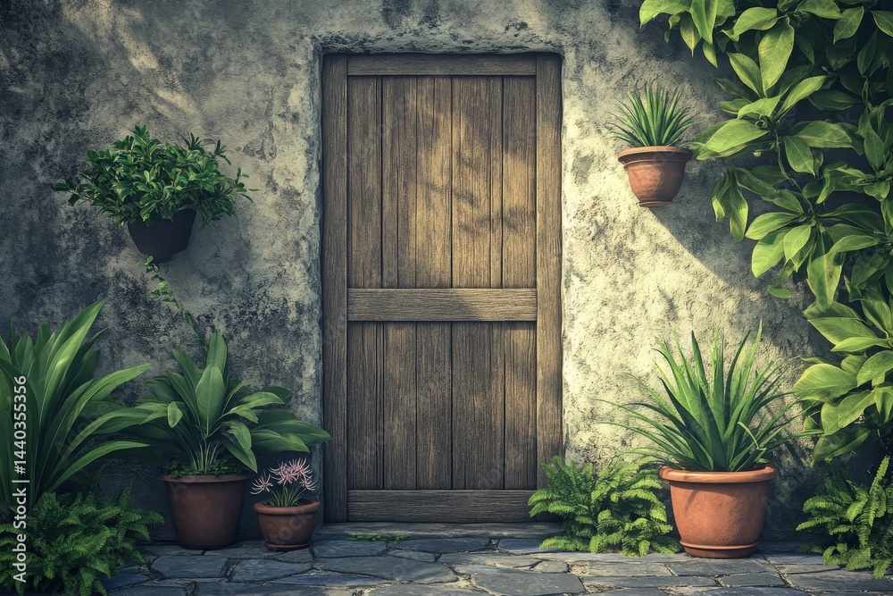 Fototapeta premium Rustic exterior door with lush greenery.