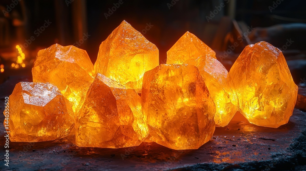 Radiant orange crystals glowing in a dark setting Radiant orange crystals glowing in a dark setting