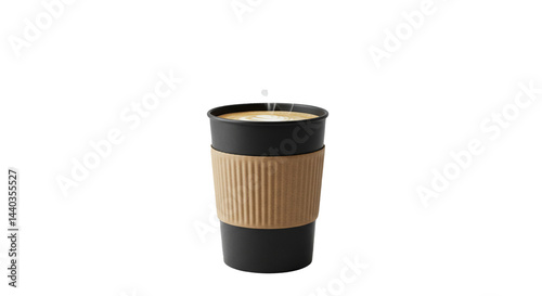 Steaming latte in a black cup with cardboard sleeve, set against a transparent background graphic.