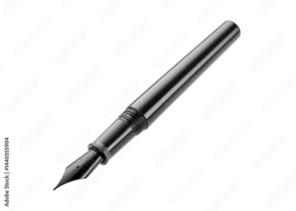 Elegant Black Fountain Pen with Detailed Nib on Glossy Surface for Writing and Calligraphy Elegant Black Fountain Pen with Detailed Nib on Glossy Surface for Writing and Calligraphy