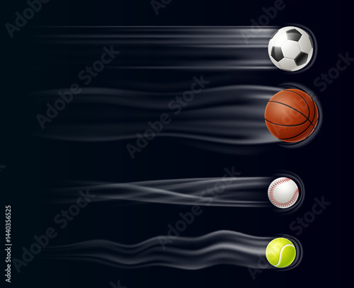 Spiral air flows from flying sports balls on dark background. Flight stream trail. Soccer kick. Athletic match. Basketball and tennis pass. Baseball shot. Speed motion traces vector set