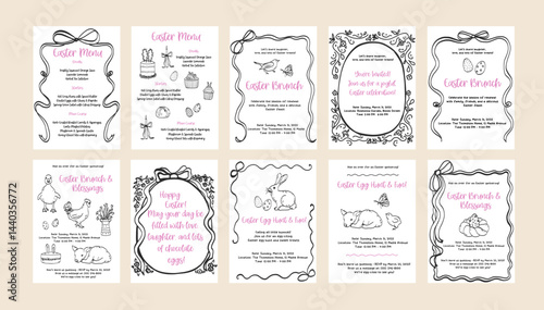 Set of happy Easter card background in line art. Spring design doodle outline graphic. Coquette whimsical greeting cards. Vector outline illustration