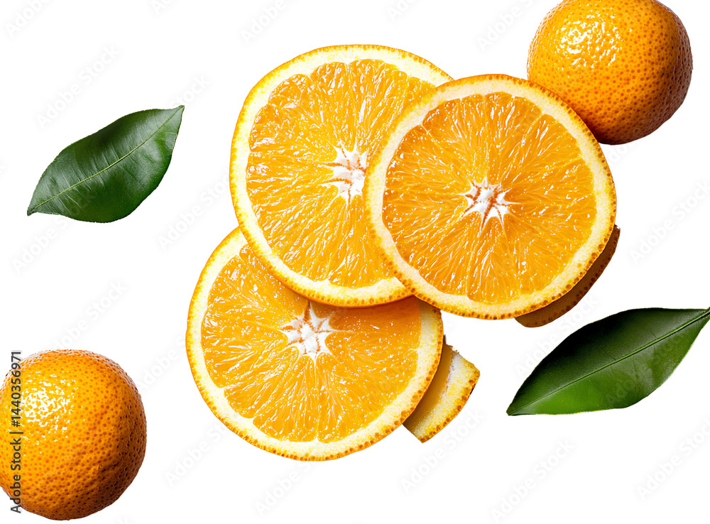 Fototapeta premium Sliced orange with leaf, a realistic photograph of fresh oranges isolated on a transparent background,