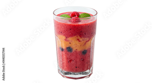 A vibrant layered smoothie in a glass, garnished with raspberries and mint on transparent backdrop.