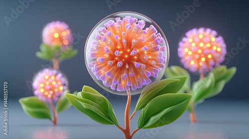 Virus replication cycle in host cells depicted in stages, Vibrant digital flowers with glowing details and green leaves. Virus replication process in host cells