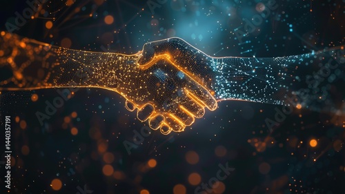 A digital representation of two hands shaking, symbolizing collaboration and unity. This image showcases a blend of light and technology, embodying partnership and trust.