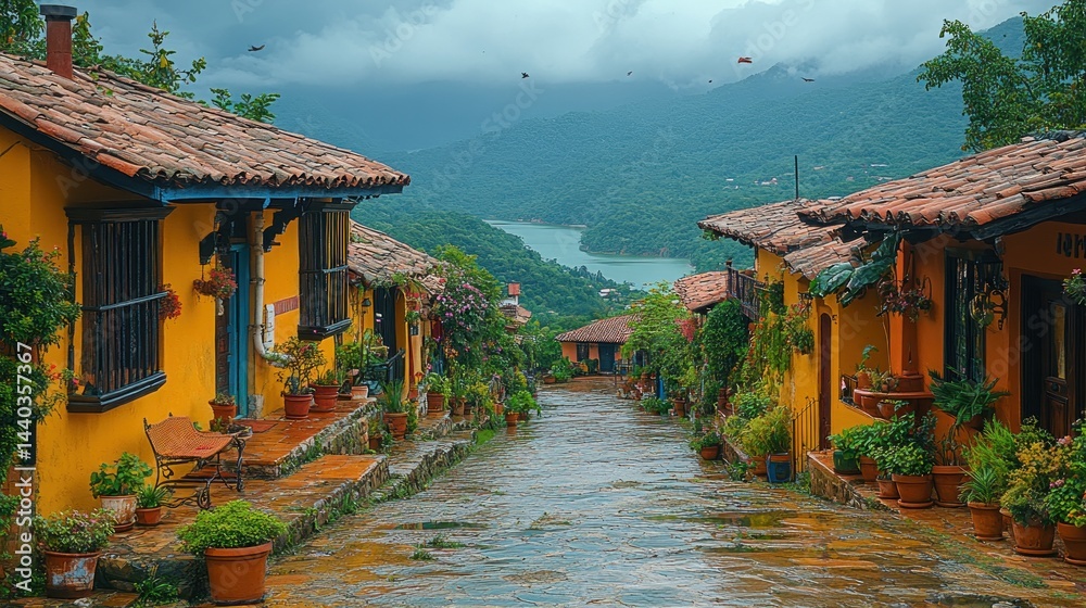 Naklejka premium Charming Yellow Houses Overlooking a Serene Lake in a Colombian Village