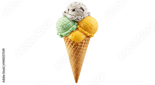 Colorful ice cream cone featuring three scoops stacked high on a crispy waffle cone, isolated.