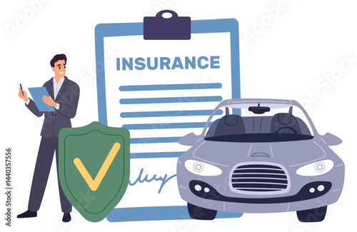 Man signs car policy document. Transportation insurance. Protection shield. Guarantee agreement. Auto security. Automobile safety contract. Signature at big paper tablet. Vector concept