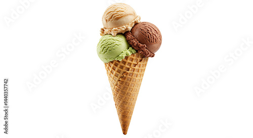 A tasty ice cream cone holds three different flavor scoops against a black background elegantly.