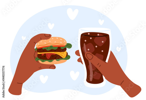 Hand with large appetizing hamburger and glass of soda. Love fast food. Unhealthy dinner. Takeaway snack. American cuisine. Cola drink. Tasty cheeseburger. Lunch eating. Vector concept