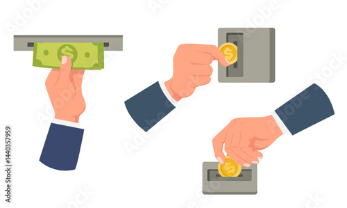 Hand inserting coin into slot of vending machine or pulling bills from ATM receiver. Financial transfer. Human gesture. Arms hold banknote. Banking terminal. Payment methods vector set