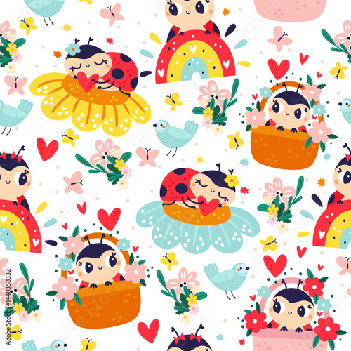 Cute little ladybug bug sitting on flower seamless pattern. Cartoon insect characters. Blossoms basket. Animal sleeping on bloom bud. Happy ladybird with rainbow. Vector background
