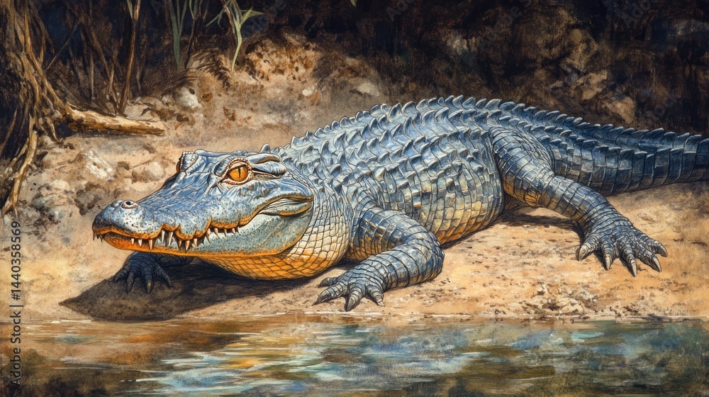 Obraz premium Large crocodile basks in sun near water