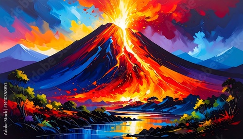 Erupting Volcano with Flowing Lava and Colorful Sky at Dusk, Majestic Landscape of Nature's Power