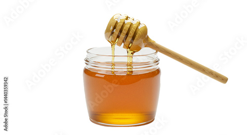 Golden honey streams from a wooden dipper into a clear glass jar, a transparent isolated design