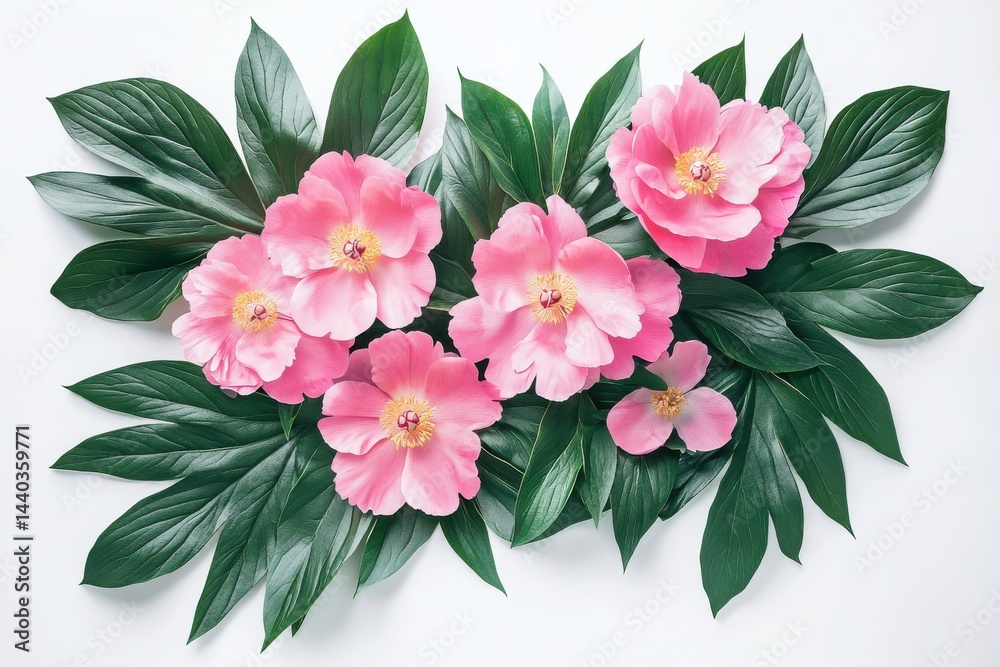 Obraz premium Pink peonies, lush floral arrangement, vibrant petals, delicate blooms, botanical illustration, white background,