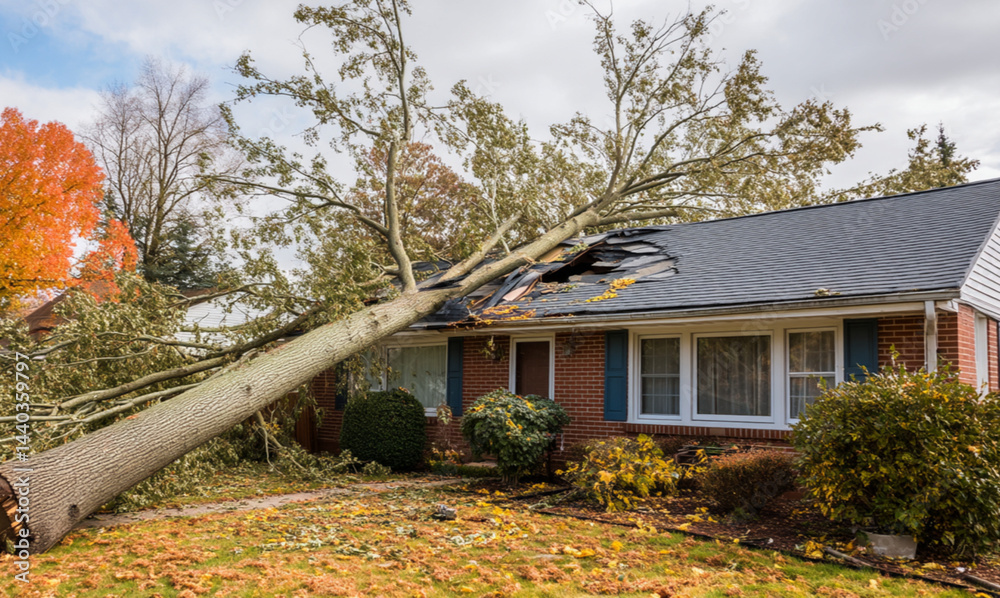 A tree fell on a roof causing damage. Concept of storm damage, natural disaster, and home insurance