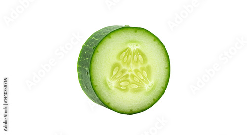 A vividly green and crisp cucumber slice, photographed against transparent backdrop showing detail.
