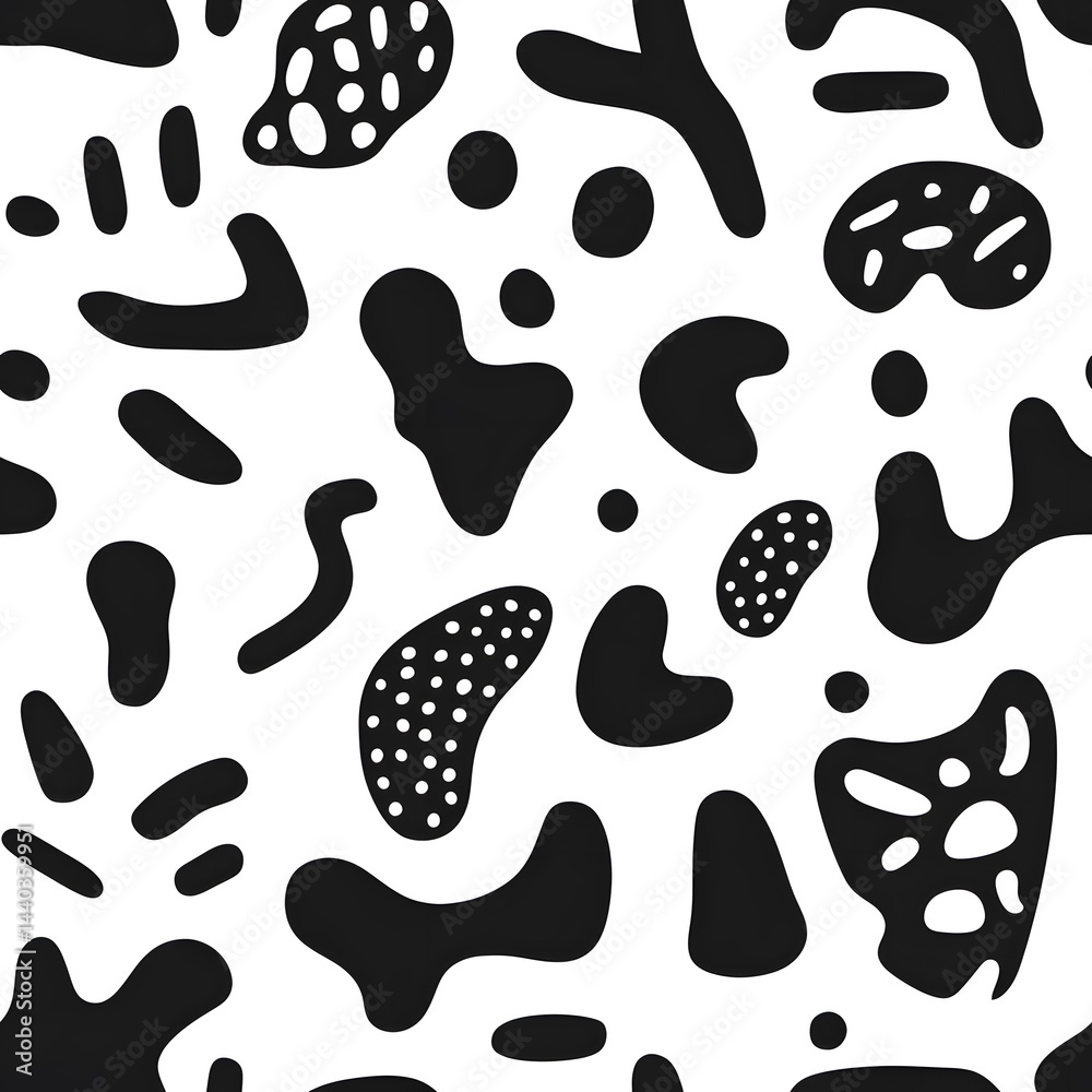 Fototapeta premium Seamless pattern with solid black organic irregular shapes and blobs isolated on white background