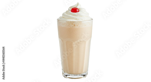 Delicious milkshake with whipped cream and cherry on top presented against transparent background.