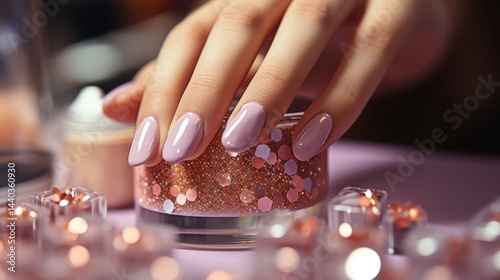 Woman show beautiful nail after receive care service by professional Beautician Manicure at spa centre. Nail beauty salon use nail file for Glazing treatment. manicurist make nail to beautiful.