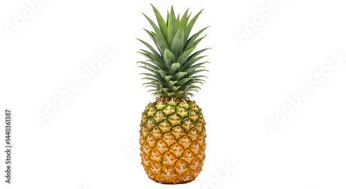 A whole, ripe pineapple with spiky green leaves stands out against a black background, isolated.