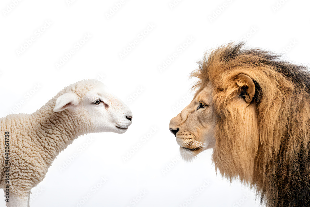 Fototapeta premium Little lamb and lion facing face to face isolated on white background, symbolizing contrasting traits like strength and innocence
