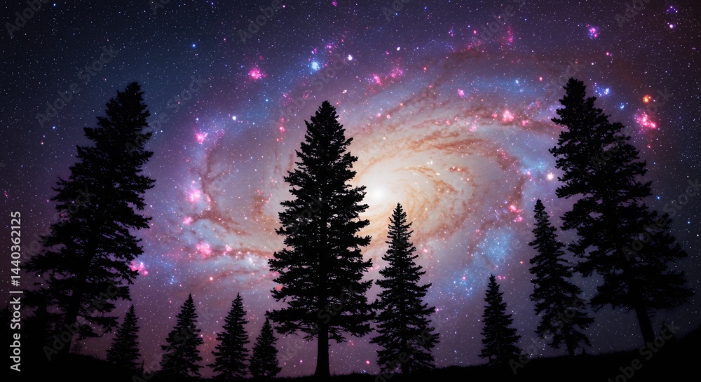 Naklejka premium Evergreen trees silhouette against colorful galaxy